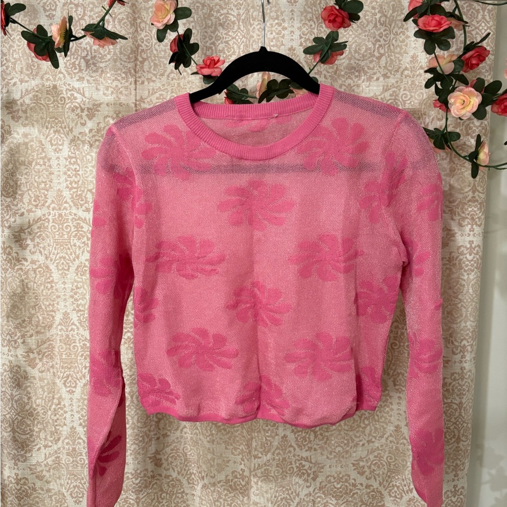 Pink Floral Mesh Crop Top